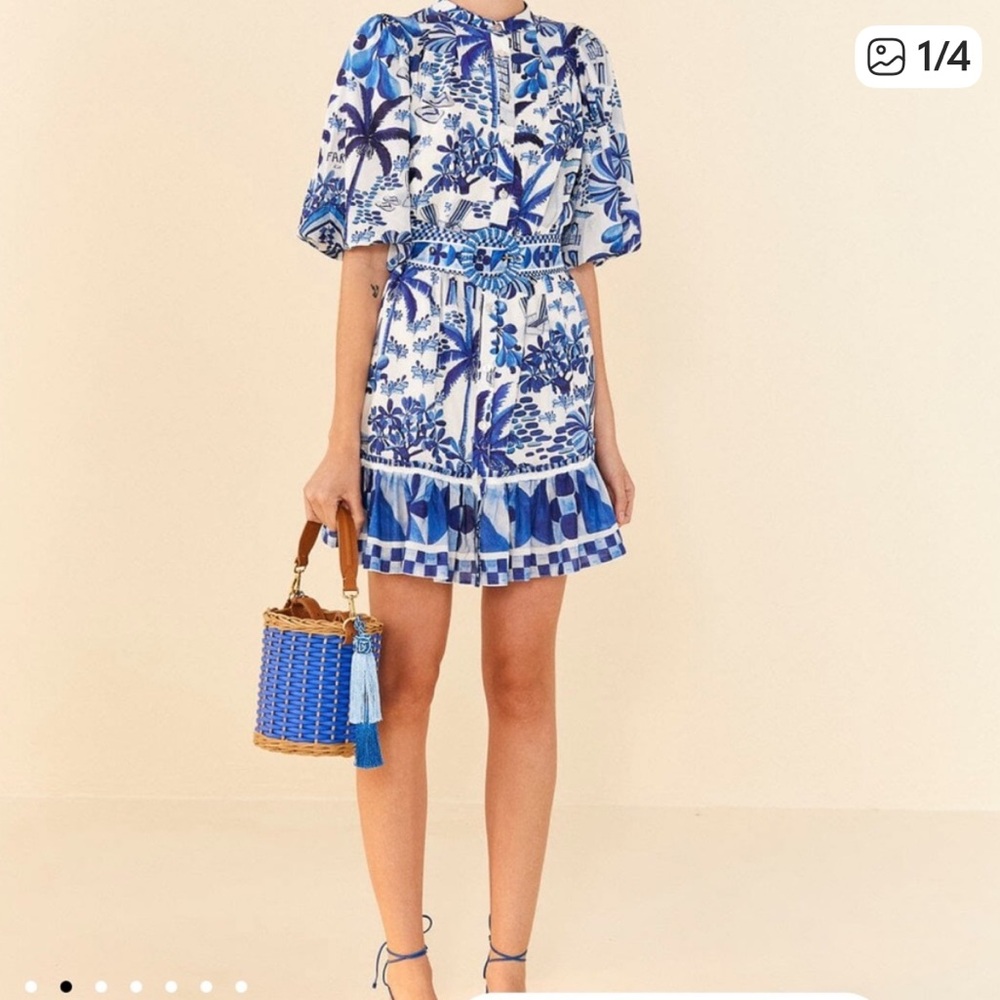 Farm Rio Blue and white Tropical Print Women's mini Dress - Picture 2 of 7
